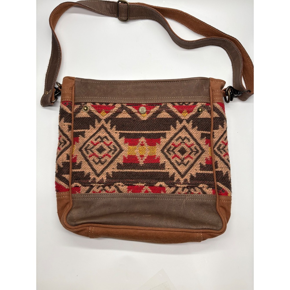 Myra Bag Southwestern Aztec Canvas Leather Crossbody Messenger Bag Brown